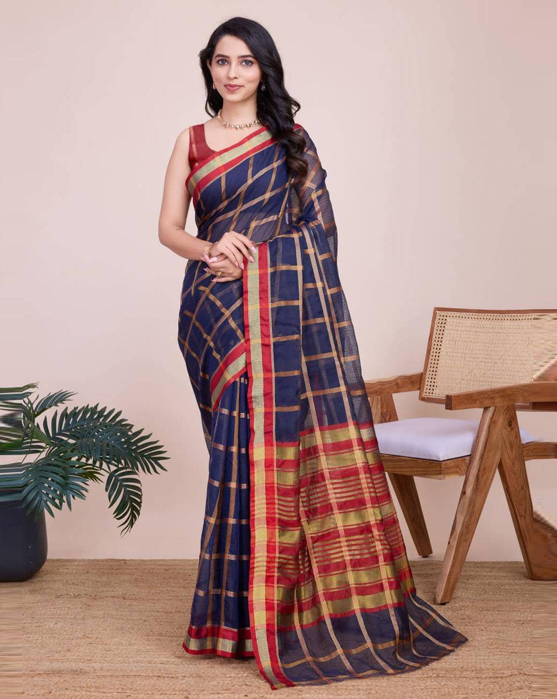 Fashionfricks Checked Saree with Running Blouse Piece For Women (Navy, FS)