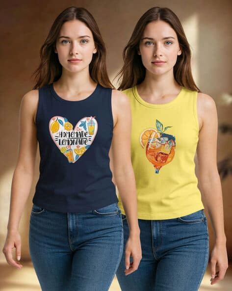 Hellcat Pack of 2 Women Graphic Print Regular Fit Sleeveless T-Shirts