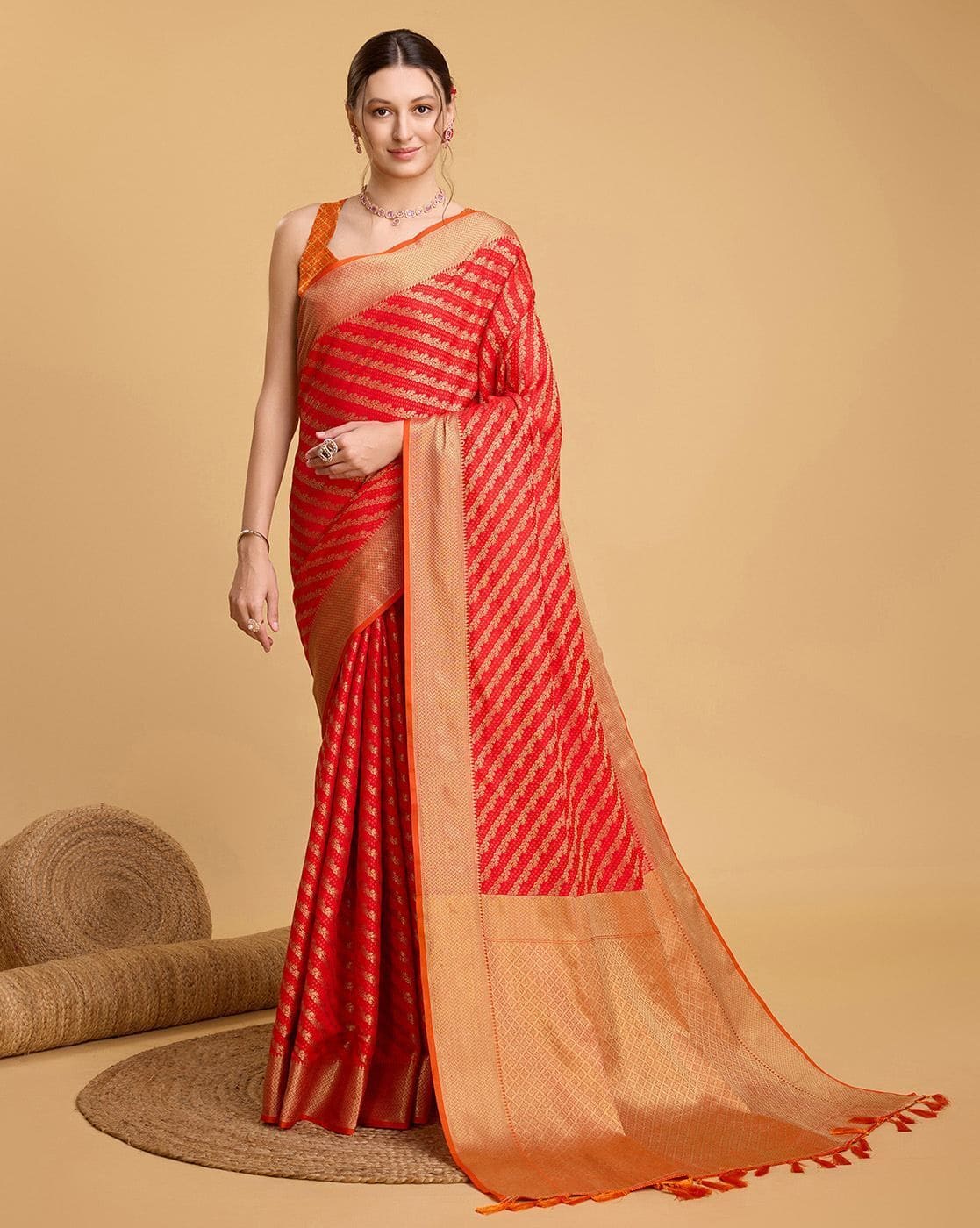 Fashionfricks Women Woven Saree with Contrast Border For Women (Red, FS)