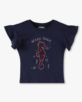 kg frendz Girls Seahorse Cord Print Regular Fit Crew-Neck T-Shirt-picture-23