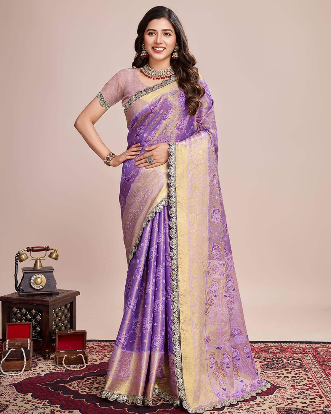 Fashionfricks Embroidered Zari Saree with Running Blouse Piece For Women (Purple, FS)
