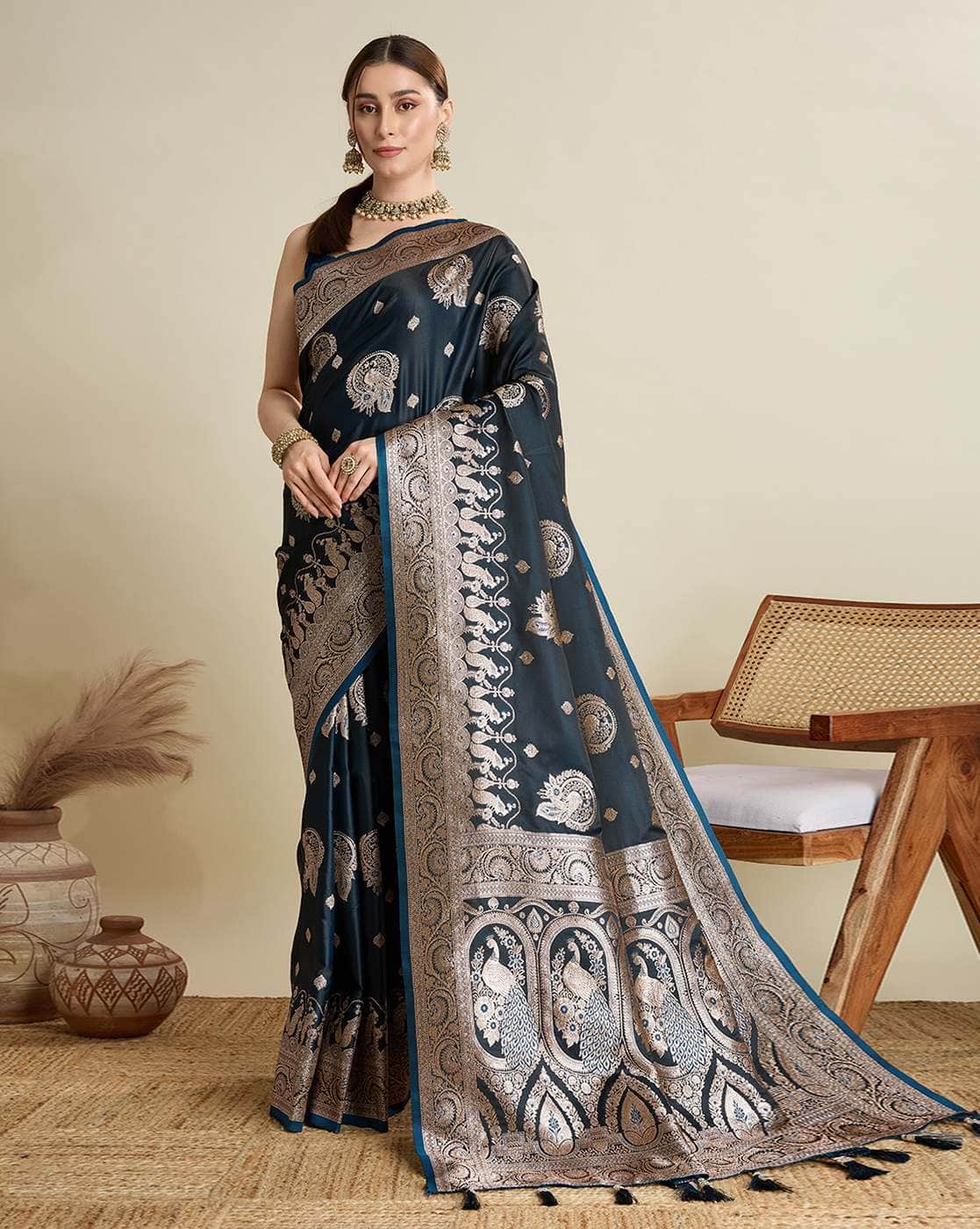 Fashionfricks Women Printed Saree with Blouse For Women (Navy, FS)