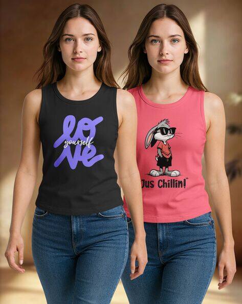 Hellcat Pack of 2 Women Graphic Print Regular Fit Sleeveless T-Shirts