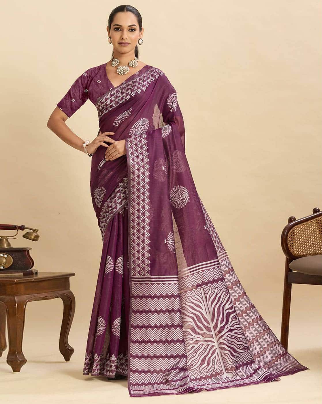 Fashionfricks Floral Print Saree with Running Blouse Piece For Women (Magenta, FS)