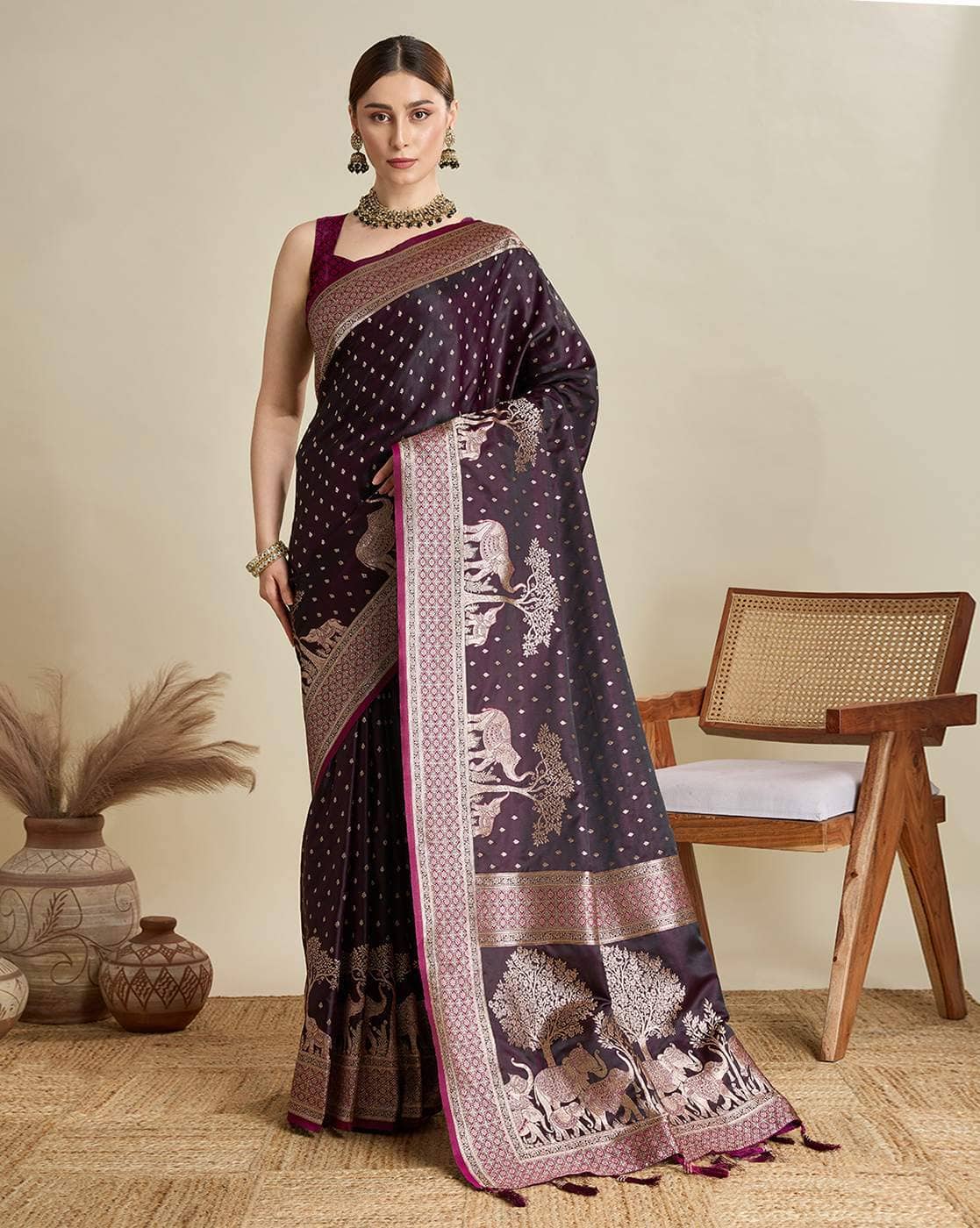 Fashionfricks Women Printed Saree with Blouse For Women (Magenta, FS)