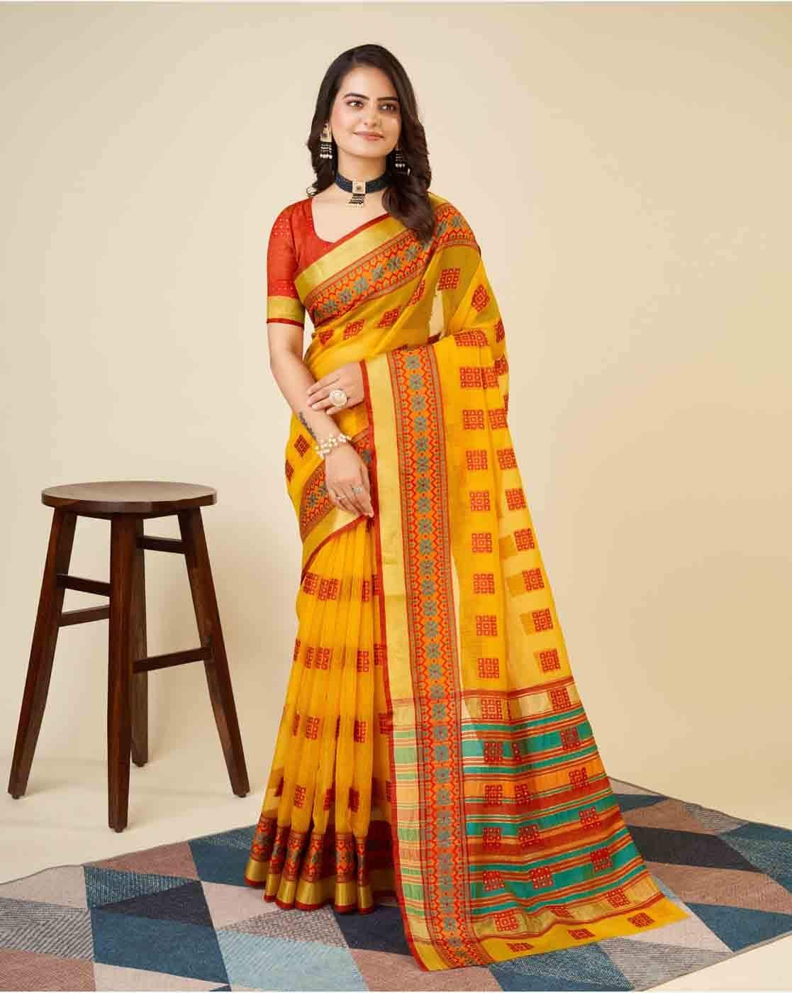 Fashionfricks Women Zari Weave Saree with Blouse Piece For Women (Yellow, FS)