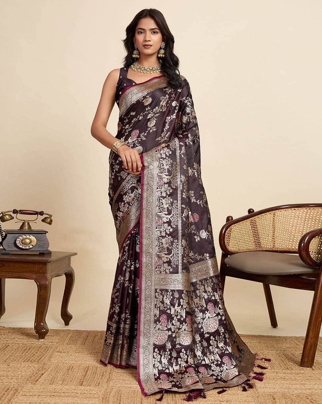 Fashionfricks Women Traditional Saree For Women (Wine, FS)