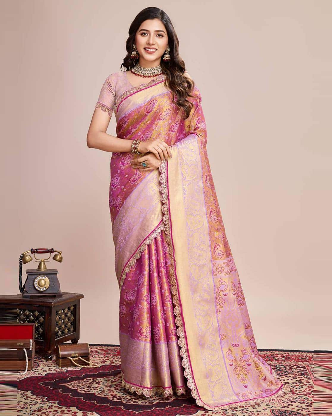 Fashionfricks Embroidered Zari Saree with Running Blouse Piece For Women (Pink, FS)