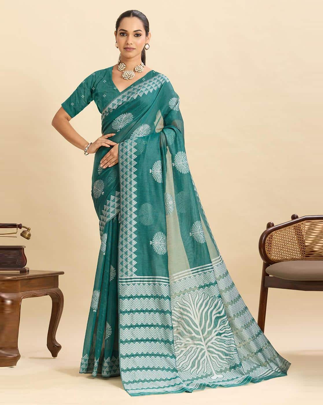 Fashionfricks Floral Print Saree with Running Blouse Piece For Women (Sea Green, FS)