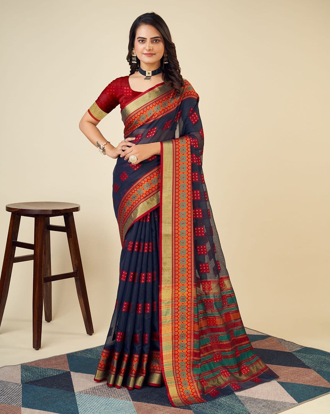 Fashionfricks Women Geometric Print Saree with Blouse For Women (Navy, FS)