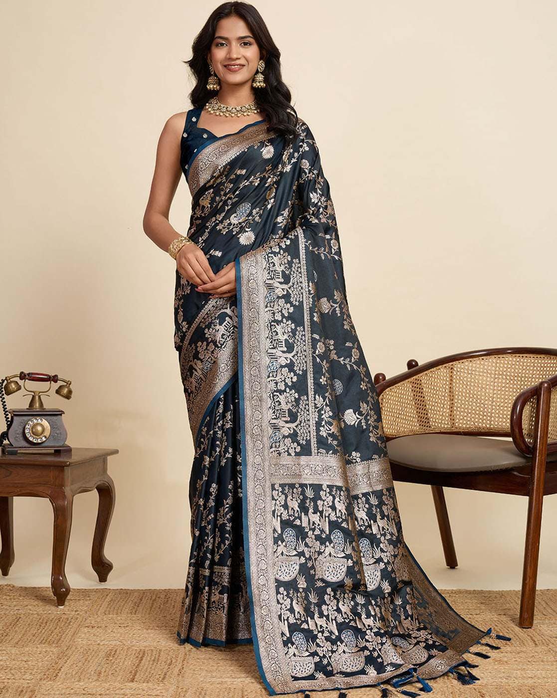 Fashionfricks Women Floral Print Saree with Blouse For Women (Navy, FS)