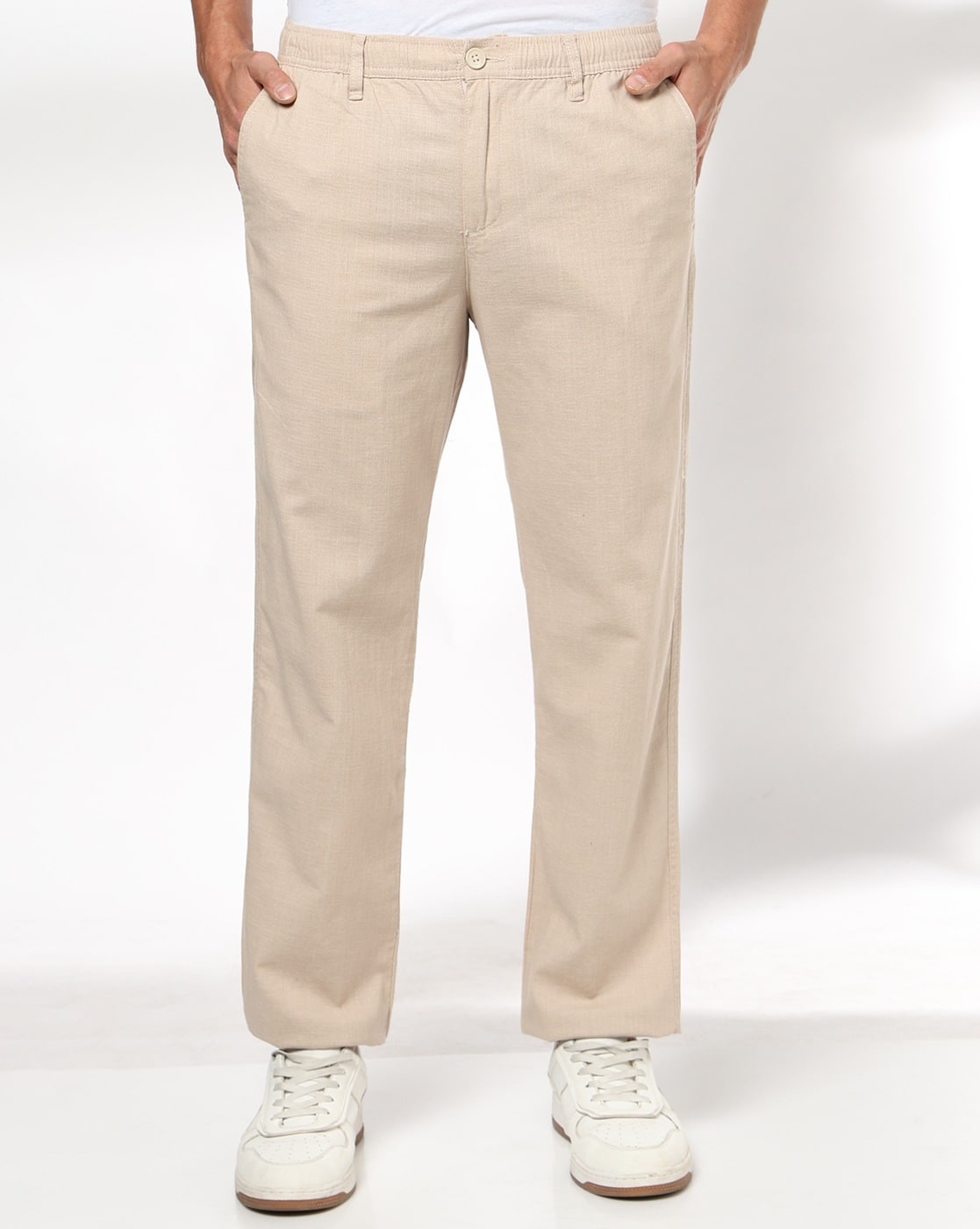 Men Straight Fit Flat-Front Stretchable Chinos