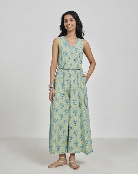 Global Desi Women Printed Jumpsuit with Tie-Up Belt