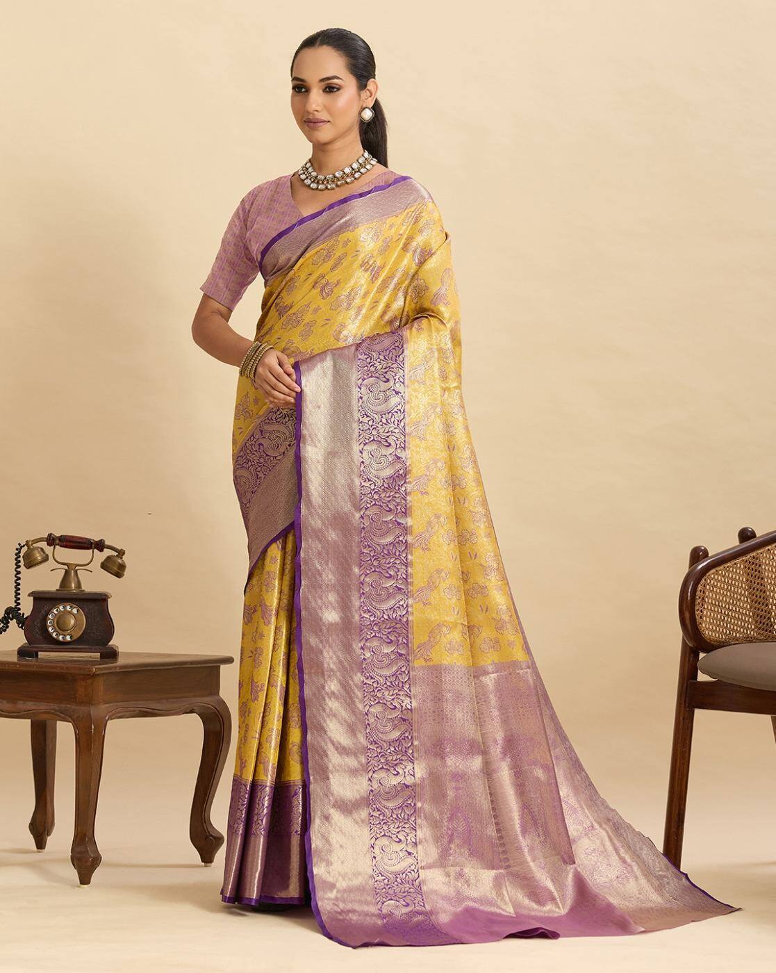 Fashionfricks Women Woven Saree with Contrast Border For Women (Yellow, FS)