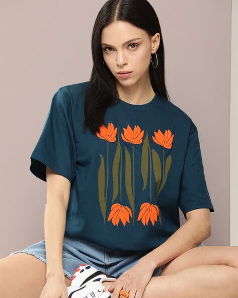 Fyre Rose Women Floral Print Oversized Fit Round-Neck T-Shirt