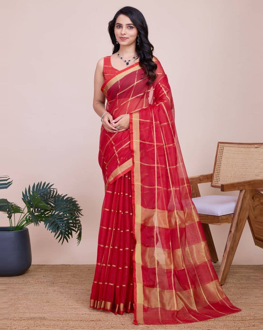 Fashionfricks Checked Saree with Running Blouse Piece For Women (Red, FS)
