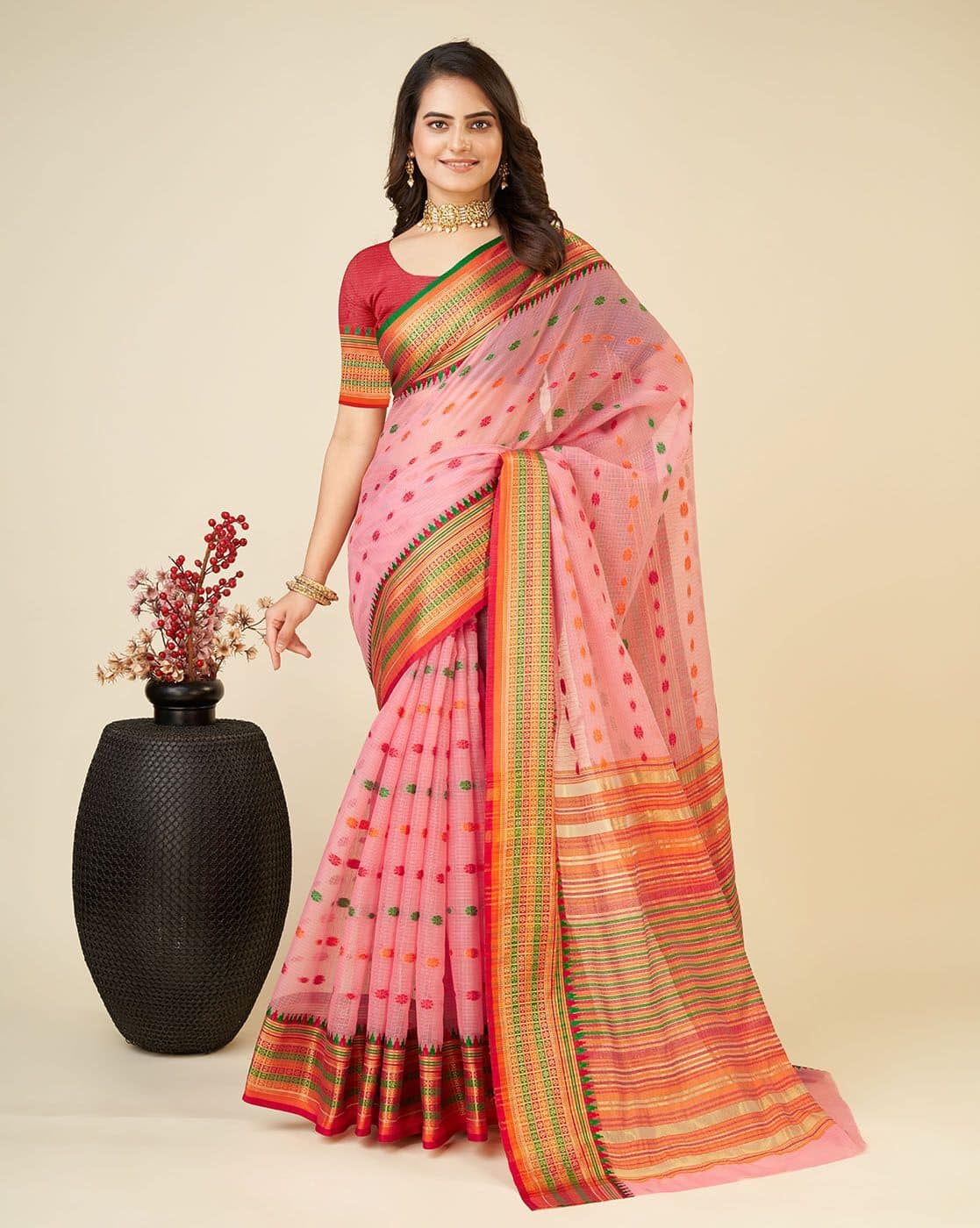 Fashionfricks Women Striped Saree with Blouse For Women (Pink, FS)