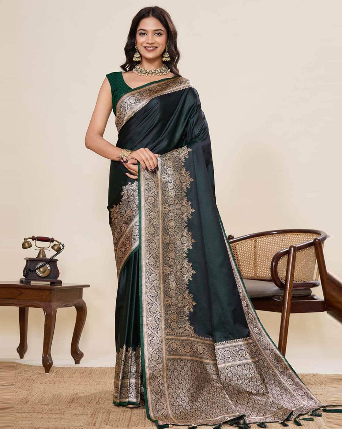 Fashionfricks Embroidered Zari Saree with Running Blouse Piece For Women (Green, FS)