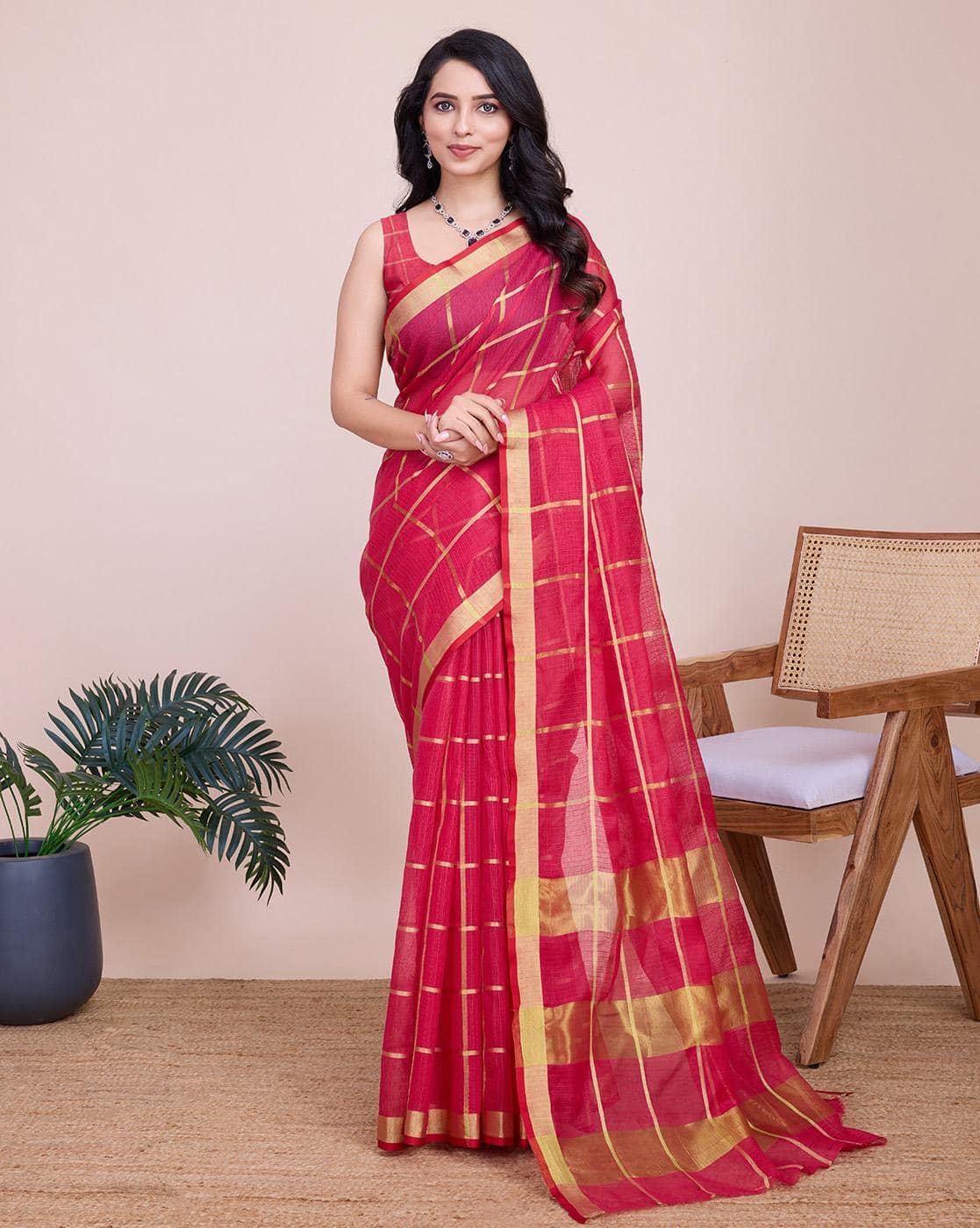 Fashionfricks Checked Saree with Running Blouse Piece For Women (Pink, FS)