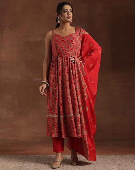 Gerua By Libas Women Bandhani Print Anarkali Kurta Suit Set