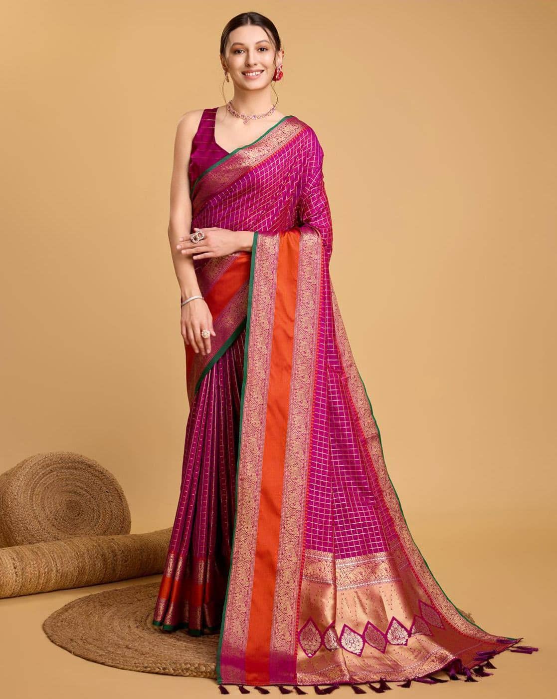 Fashionfricks Checked Saree with Running Blouse Piece For Women (Pink, FS)