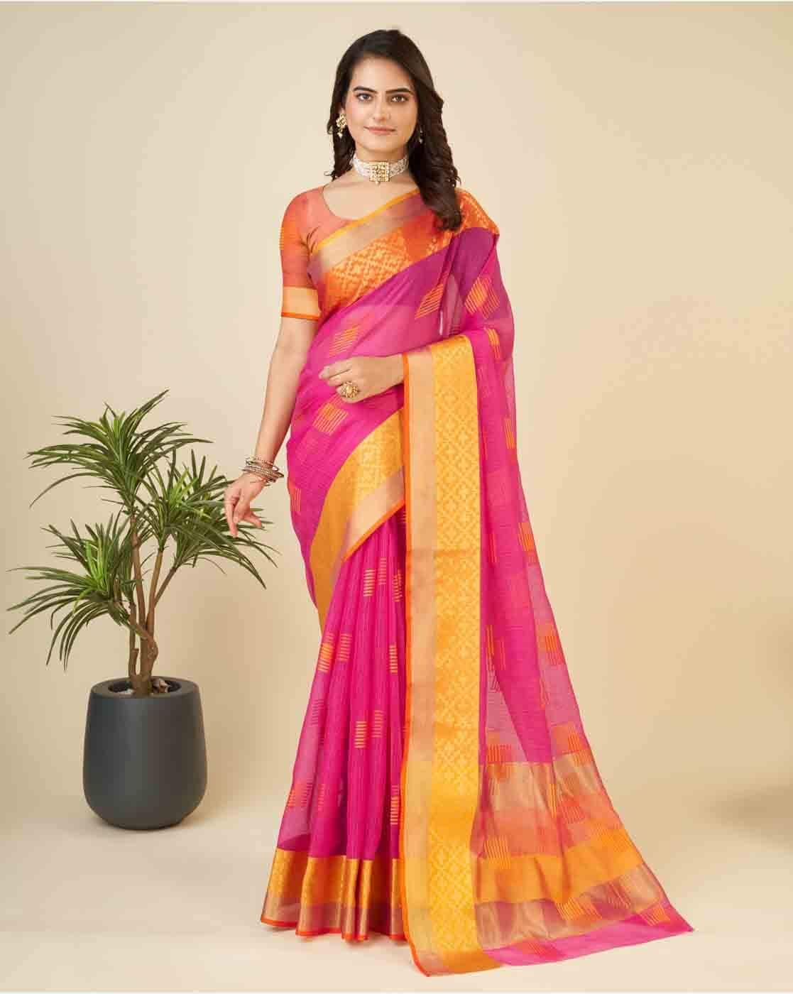 Fashionfricks Women Zari Weave Saree with Blouse Piece For Women (Pink, FS)
