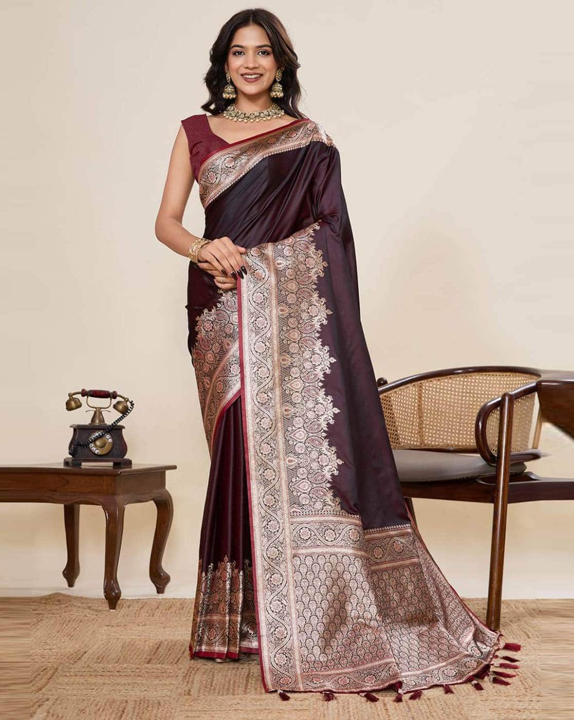 Fashionfricks Embroidered Zari Saree with Running Blouse Piece For Women (Maroon, FS)