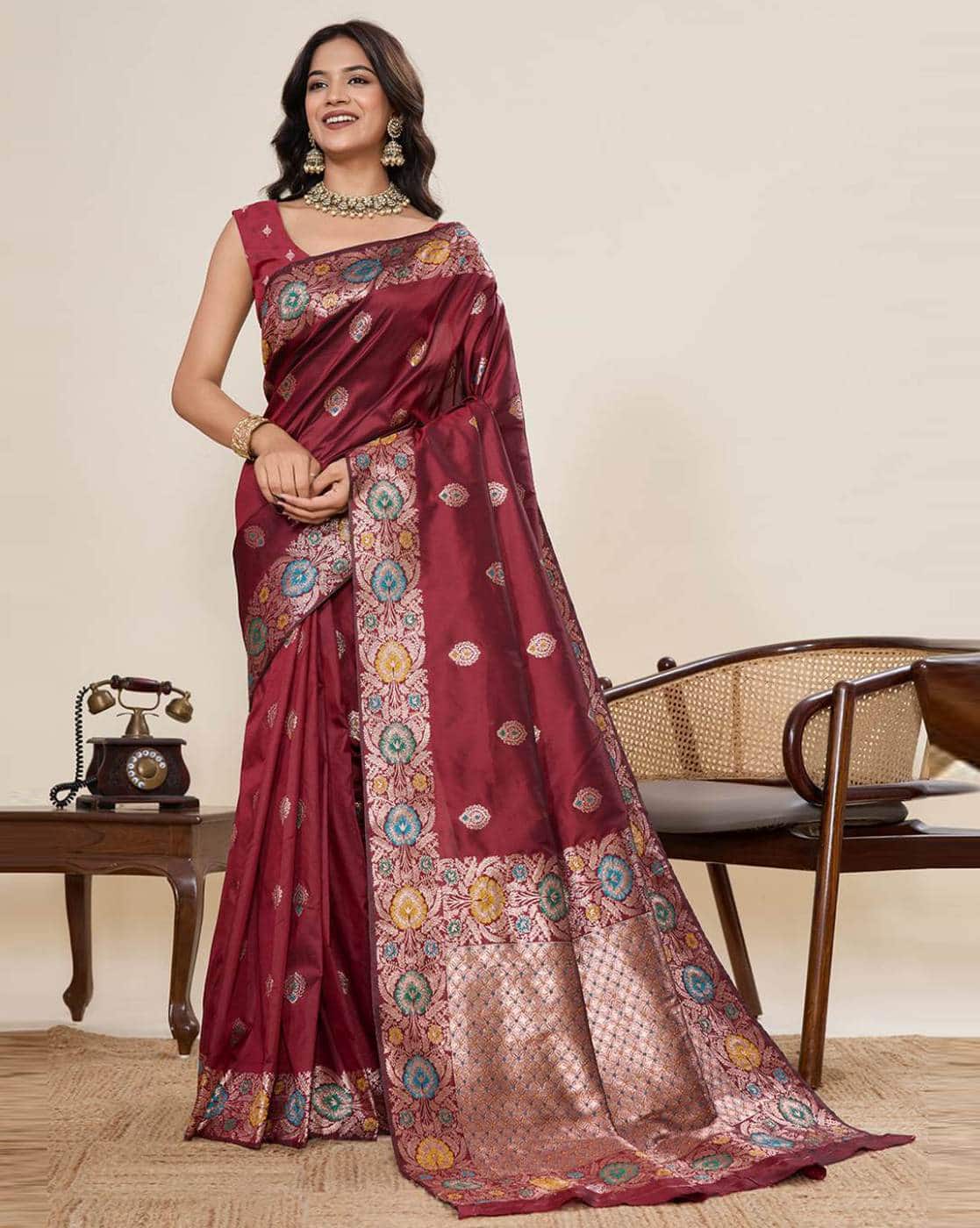 Fashionfricks Floral Print Saree with Running Blouse Piece For Women (Maroon, FS)