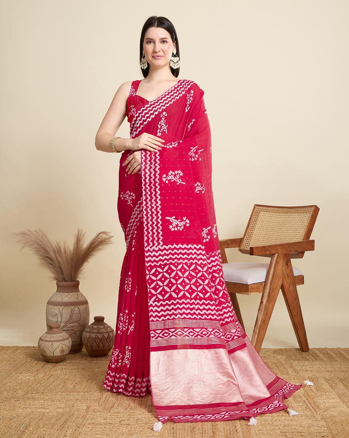 Fashionfricks Floral Print Saree with Running Blouse Piece For Women (Pink, FS)