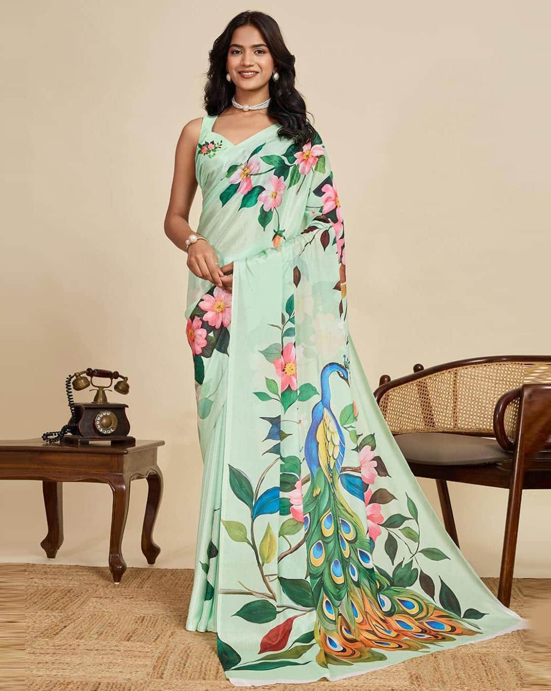 Fashionfricks Floral Print Saree with Running Blouse Piece For Women (Green, FS)
