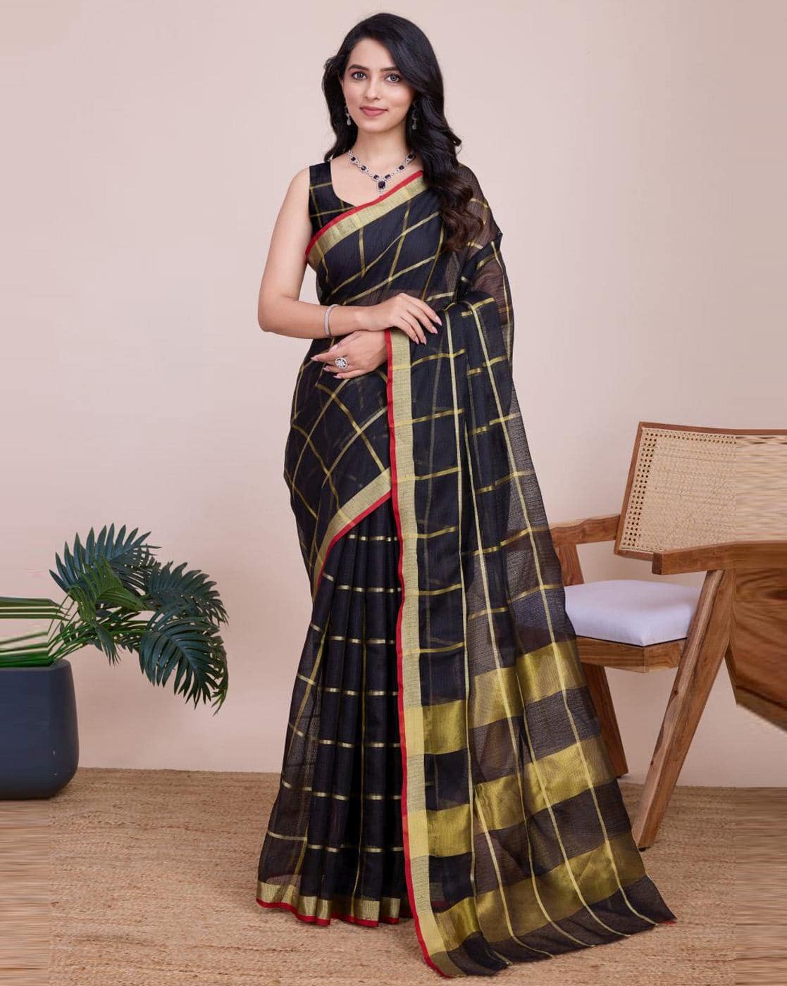 Fashionfricks Checked Saree with Running Blouse Piece For Women (Black, FS)