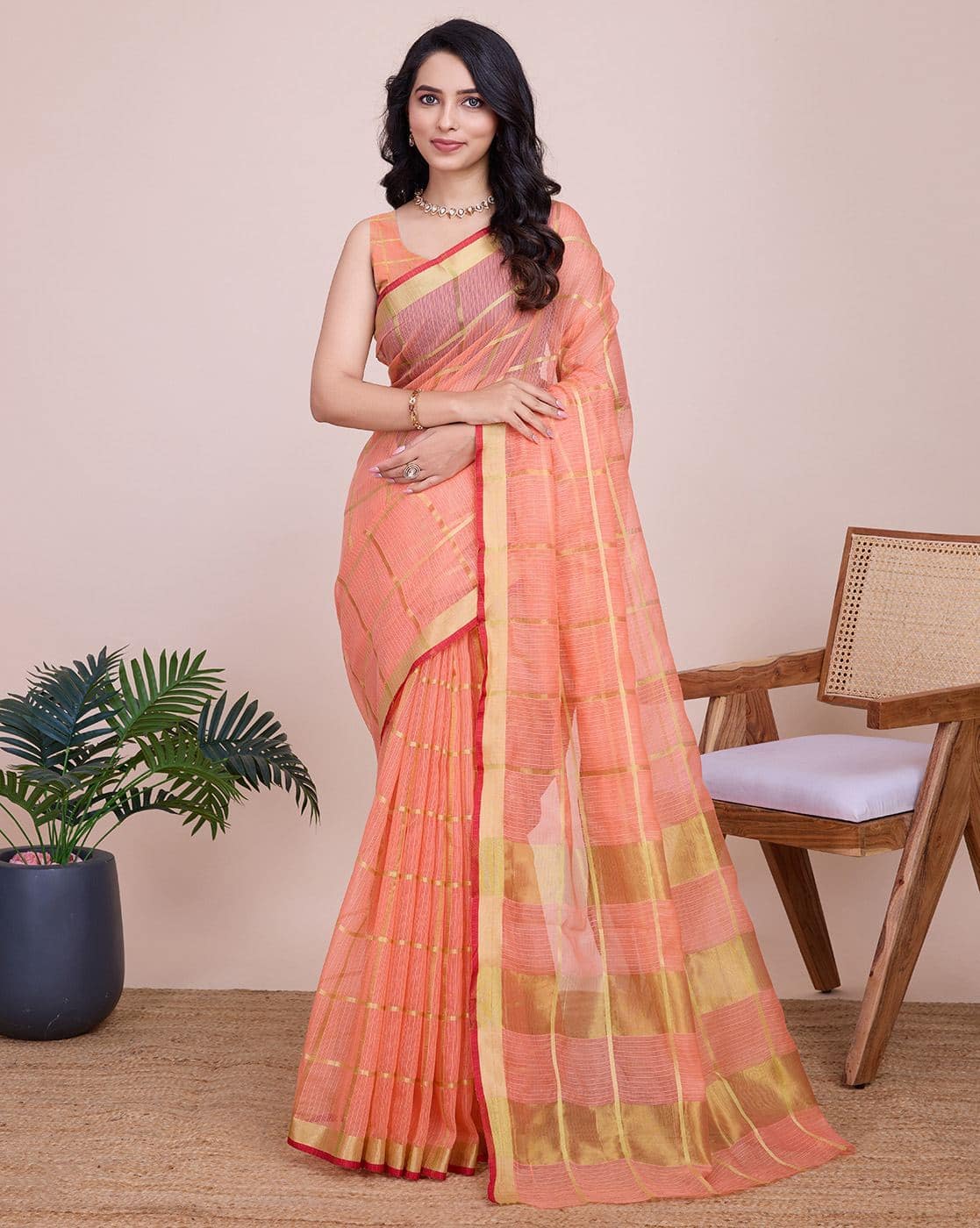 Fashionfricks Women Checked Saree with Contrast Border For Women (Peach, FS)