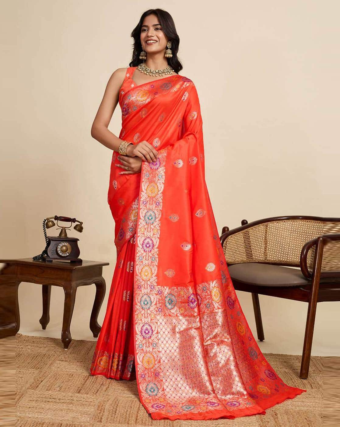 Fashionfricks Floral Print Saree with Running Blouse Piece For Women (Orange, FS)