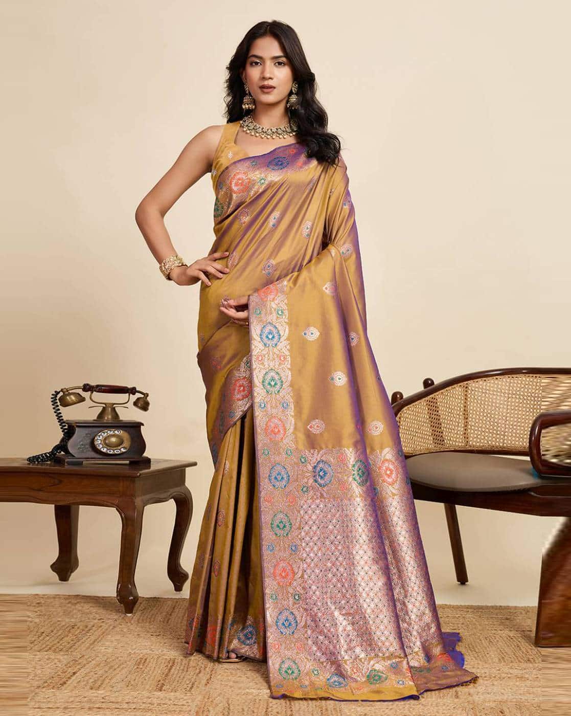 Fashionfricks Floral Print Saree with Running Blouse Piece For Women (Gold, FS)