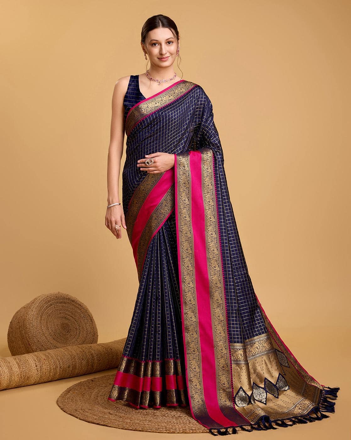 Fashionfricks Women Checked Saree with Contrast Border For Women (Navy, FS)