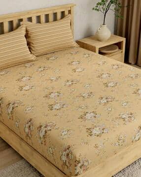 152 TC Floral Print Cotton Fitted King-Size Bedsheet with Pillow Covers-image-38