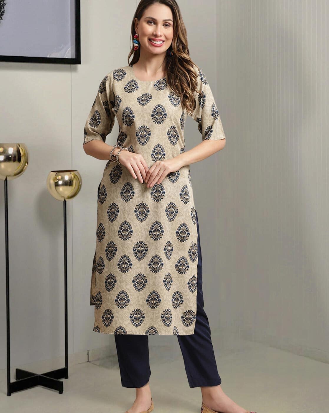 Popmantra Women Micro Print Kurta Set For Women (Olive, S)