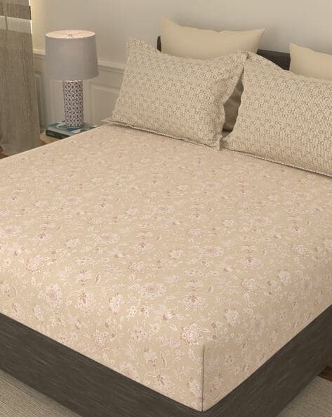 PORTICO 144 TC Floral Print Cotton Super King-Size Bedsheet with Pillow Covers