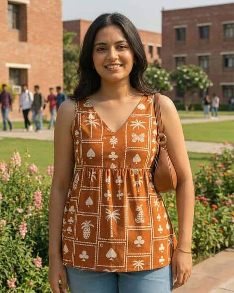 ASHRIFAB Women Block Print Print V-Neck Flared Tunic