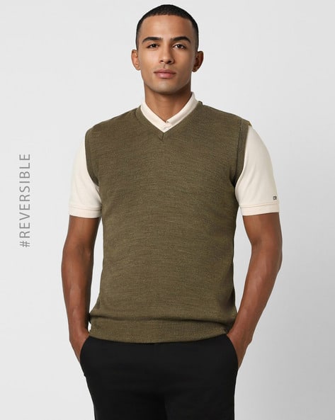 PETER ENGLAND CASUALS Men Heathered Regular Fit Reversible V-Neck Pullover