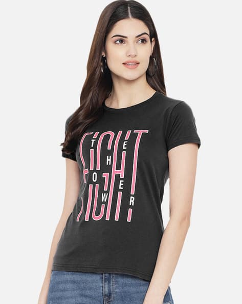 TROMKO Women Typographic Print Regular Fit Crew-Neck T-Shirt