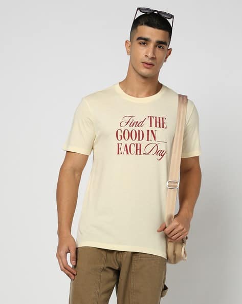 YOUSTA Men Typographic Print Regular Fit Crew-Neck T-Shirt deal from ajio