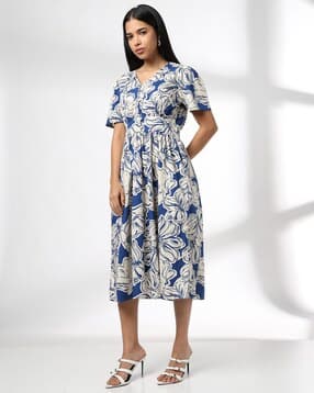 Women Floral Print Poplin Fit & Flare Dress-image-24