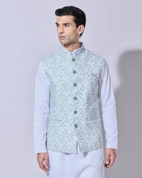 Men Floral Print Slim Fit Nehru Jacket-image-12