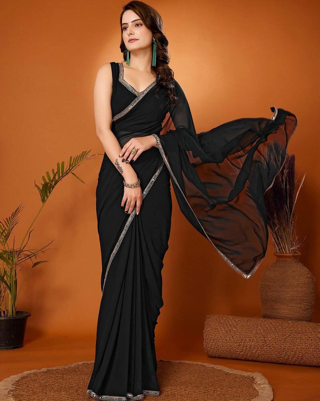 Fashionfricks Saree with Running Blouse Piece For Women (Black, FS)