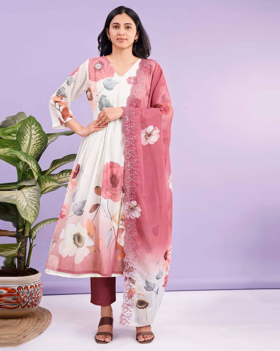 Fashionfricks Women Floral Print Anarkali Kurta Set with Dupatta For Women (Pink, M)