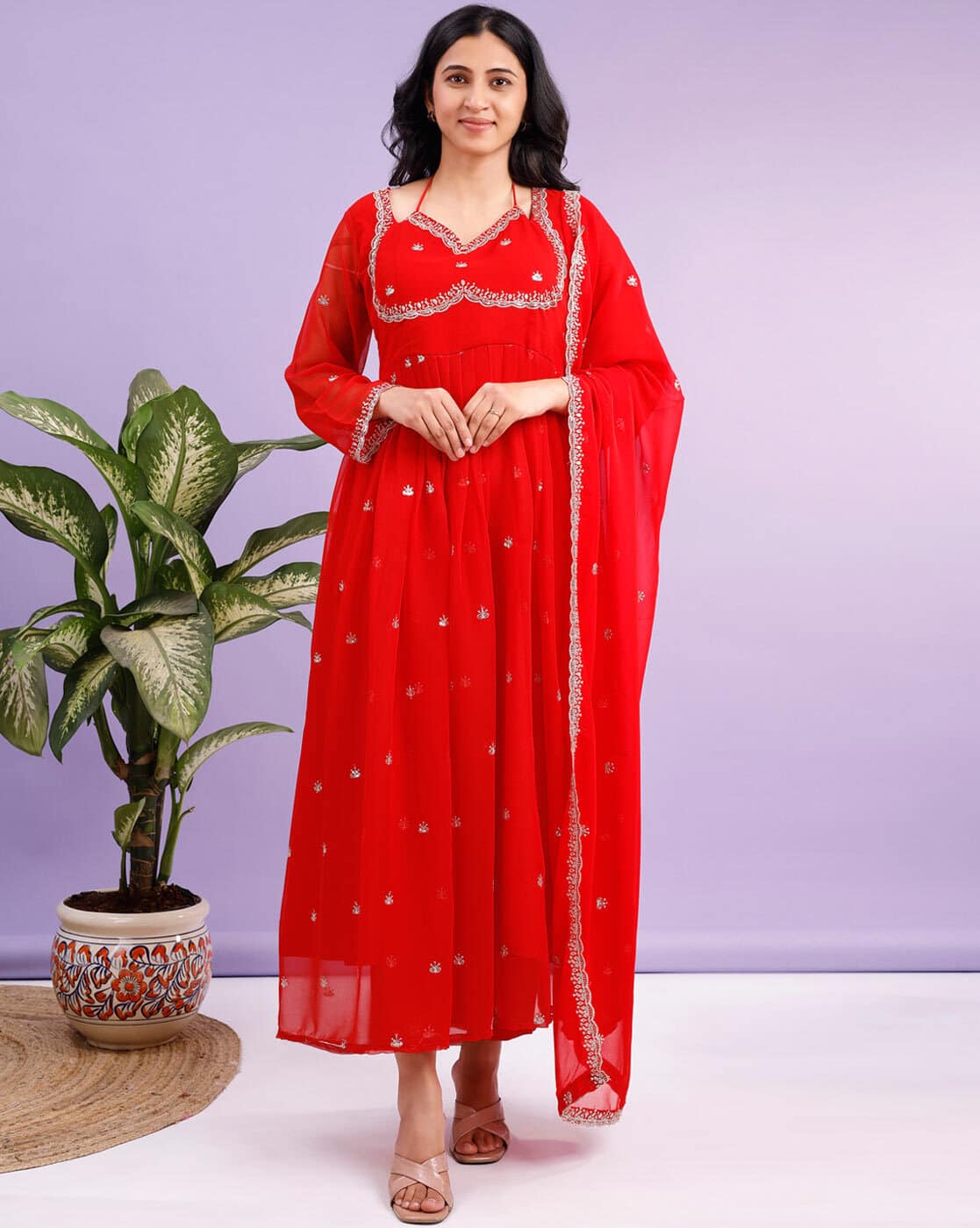 Fashionfricks Women Embroidered Anarkali Kurta Set with Dupatta For Women (Red, XL)