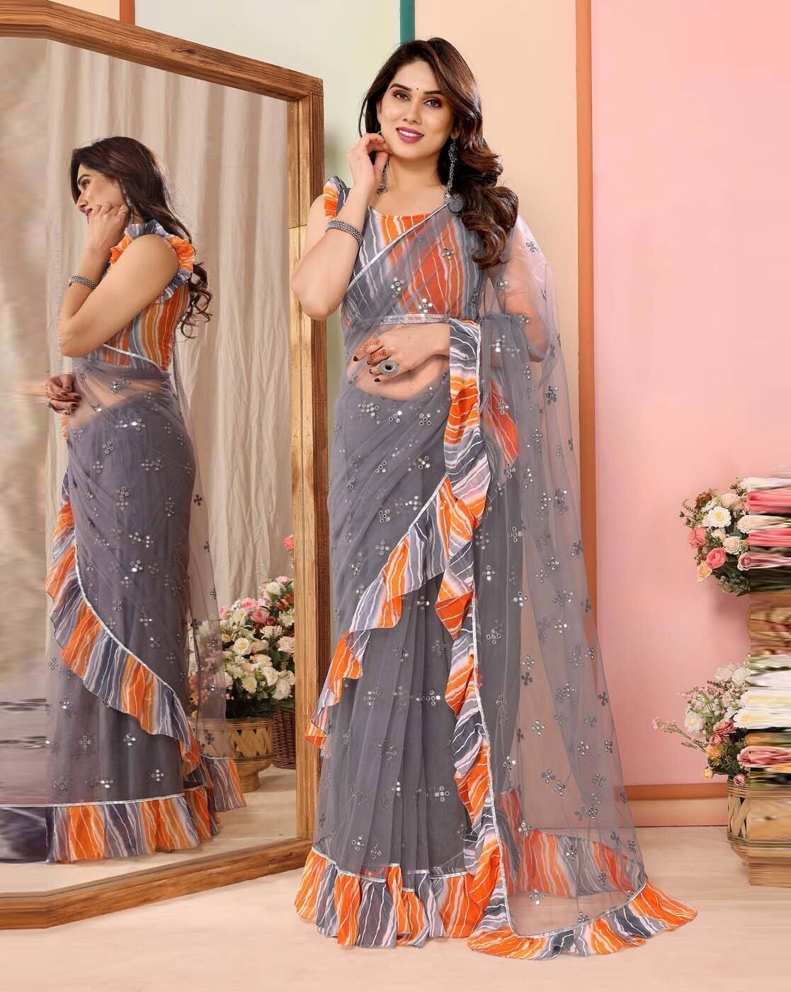 Fashionfricks Embellished Saree with Running Blouse Piece For Women (Grey, FS)