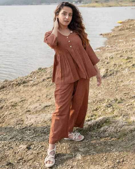 FABNEX Women V-Neck Top & Pants Co-Ord Set