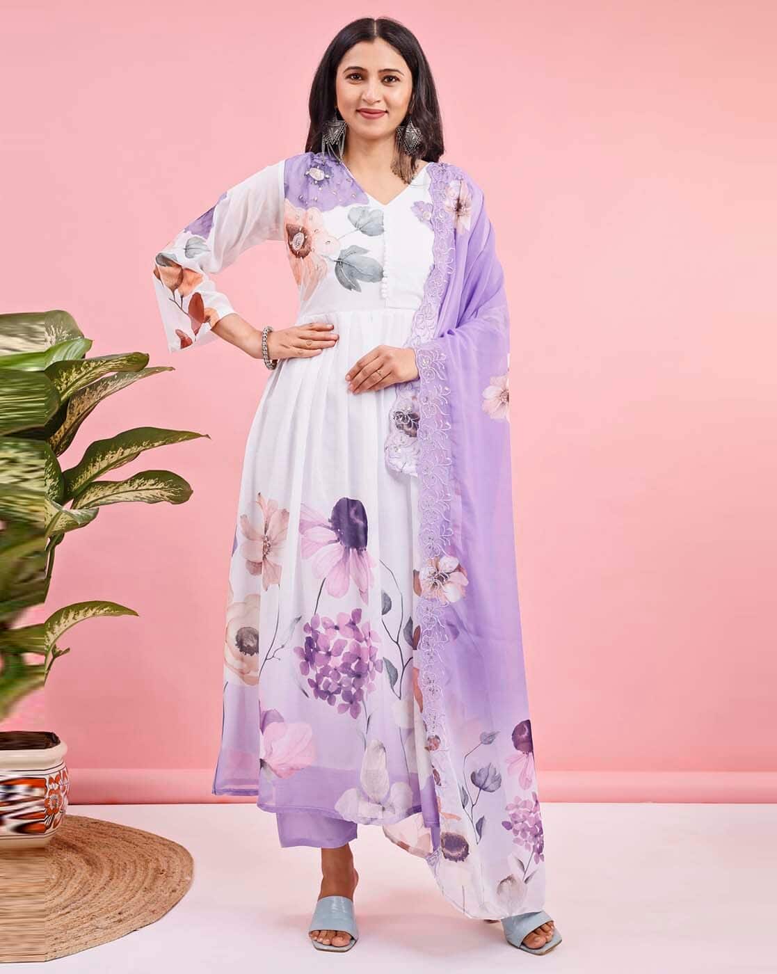 Fashionfricks Women Floral Print Anarkali Kurta Set with Dupatta For Women (Purple, L)